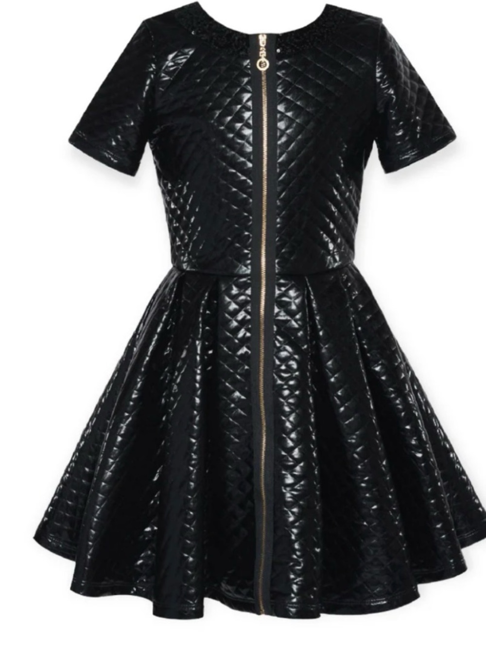 Hannah Banana Black Quilted Sequin Zip Dress Party Faux Leather Skater